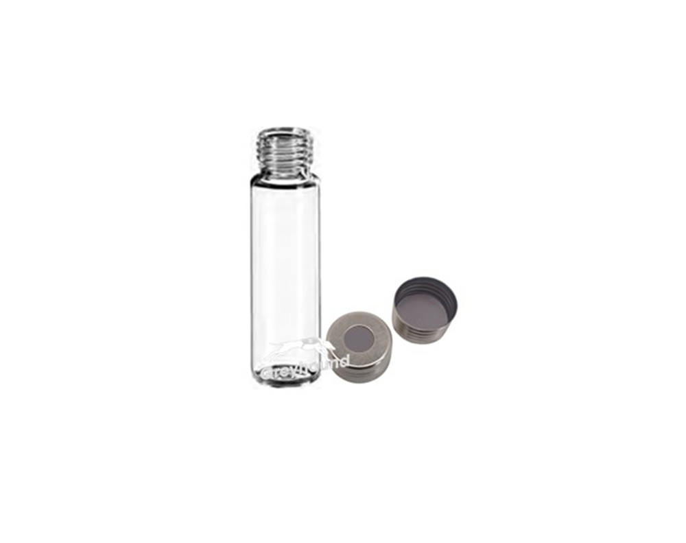 Picture of Vial Kit - P/Nos. 60-100286 and 60-100916  20mL Headspace Vial, Screw Top, Clear Glass, Rounded Base + 18mm Magnetic Screw Cap (Silver) with pre-fitted Clear PTFE/Grey Butyl Septa, (Shore A 50) Q-Clean